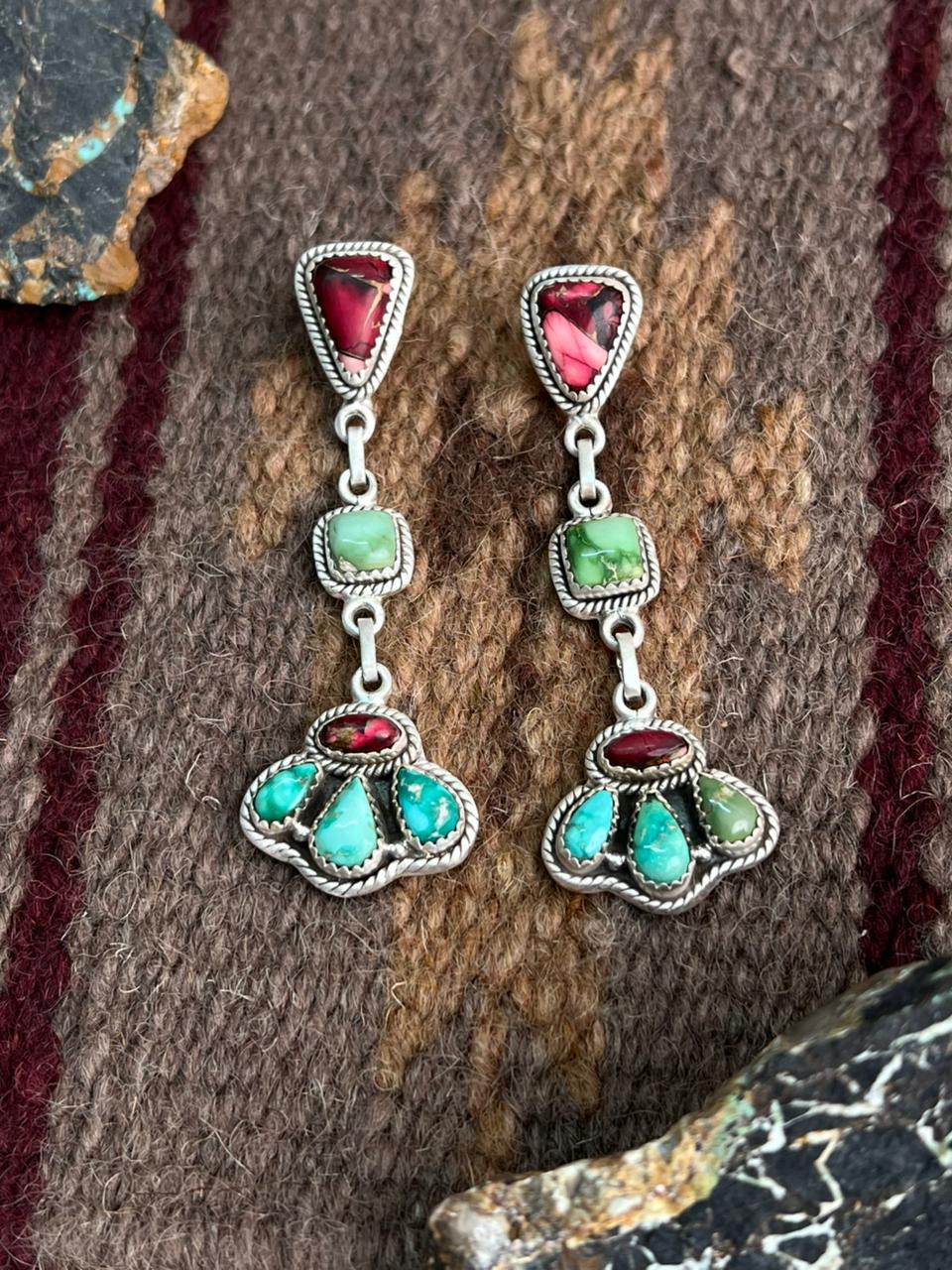 Handmade Sterling Silver Dahlia Rose with Emerald Valley Turquoise Post Earrings "Signed Nizhoni"