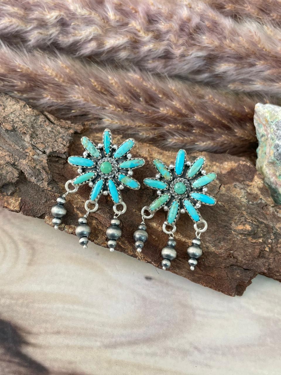 Handmade Sterling Silver Kingman Turquoise Post Dangle Beaded Earrings Signed Nizhoni