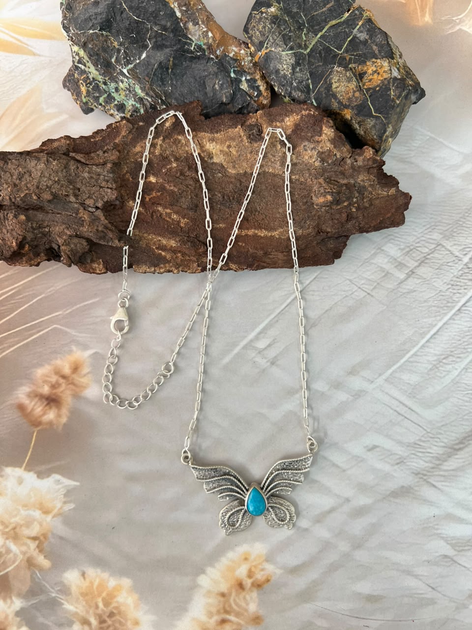 Handmade Sterling Silver Kingman Turquoise Butterfly Necklace Signed Nizhoni