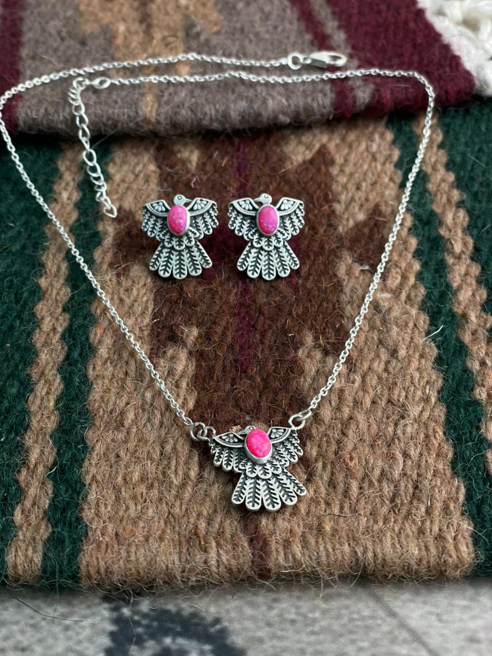 Handmade Sterling Silver Hot Pink Necklace Earrings Set "Signed Nizhoni"