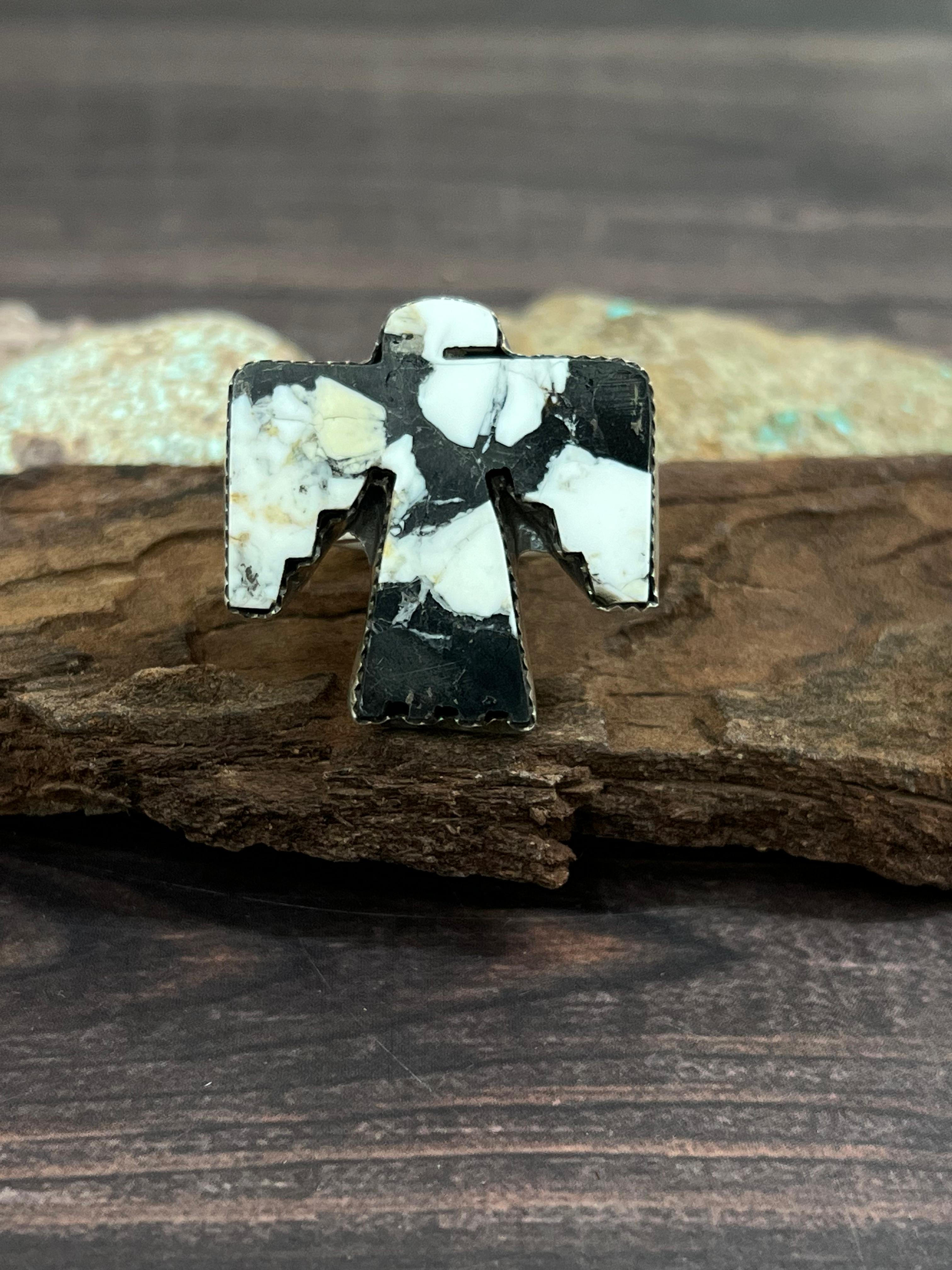 Handmade Sterling Silver White Buffalo Turquoise Adjustable Ring with Signed Nizhoni