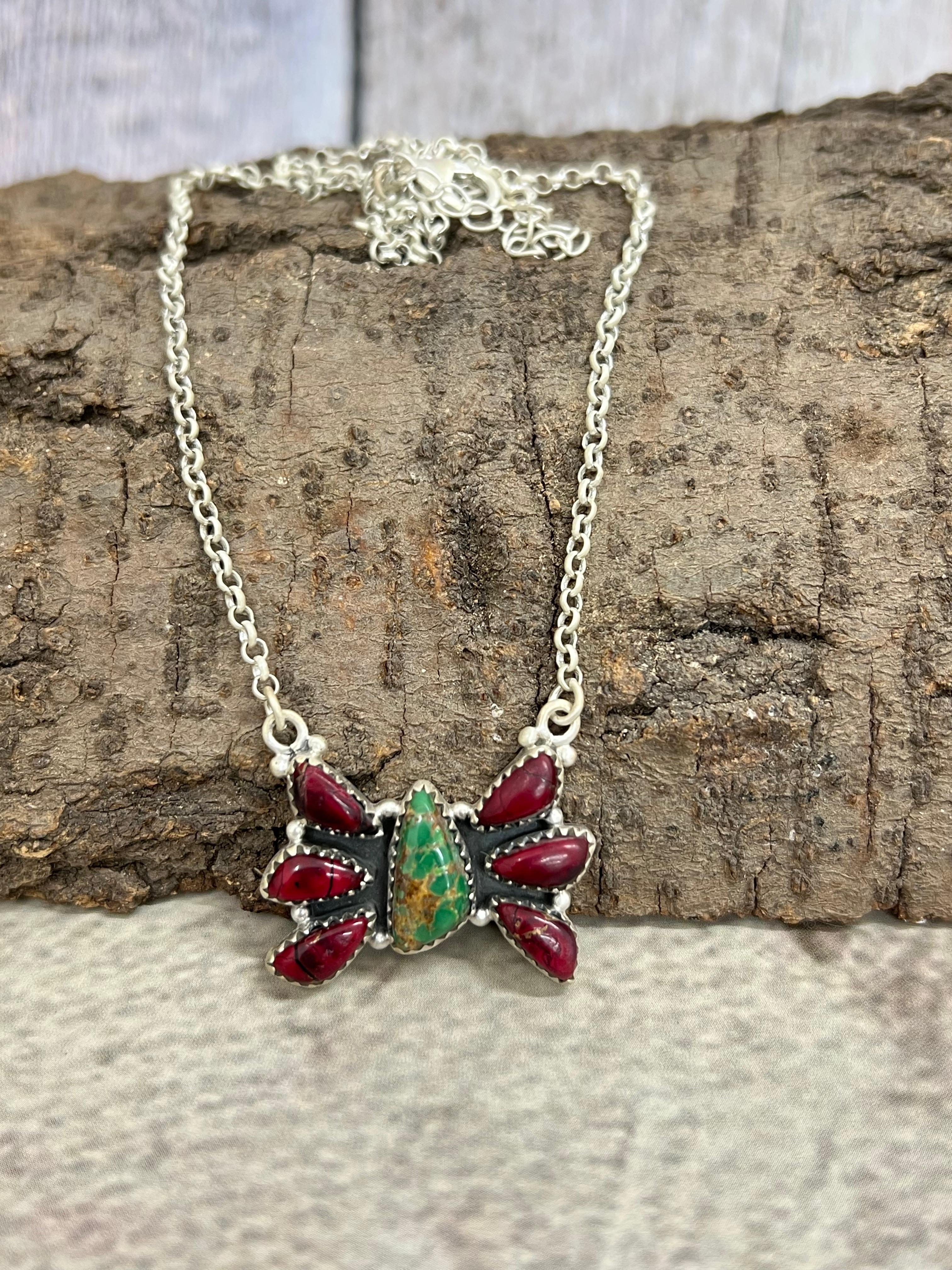 Handmade Sterling Silver Dahlia Rose with Emerald Valley Butterfly Necklace with Signed Nizhoni