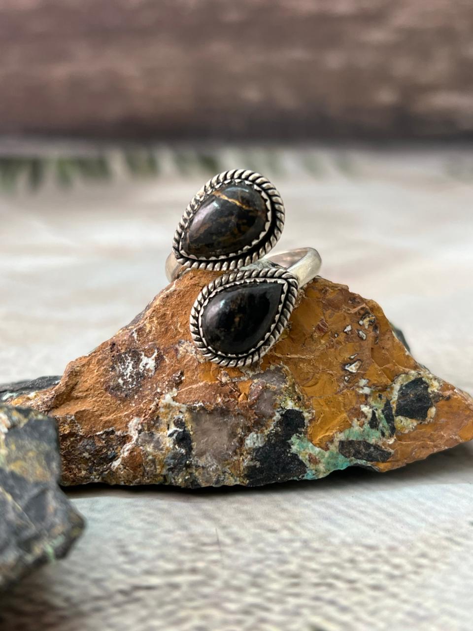 Handmade Sterling Silver Blackjack Turquoise Adjustable Ring " Signed Nizhoni"