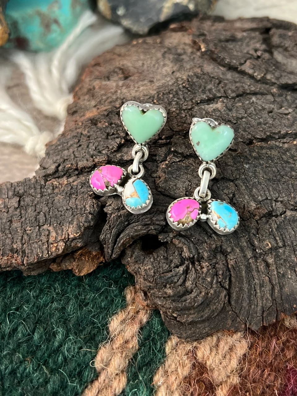 Handmade Sterling Silver Paloma Turquoise with Cotton Candy Post Dangle Earrings Signed Nizhoni