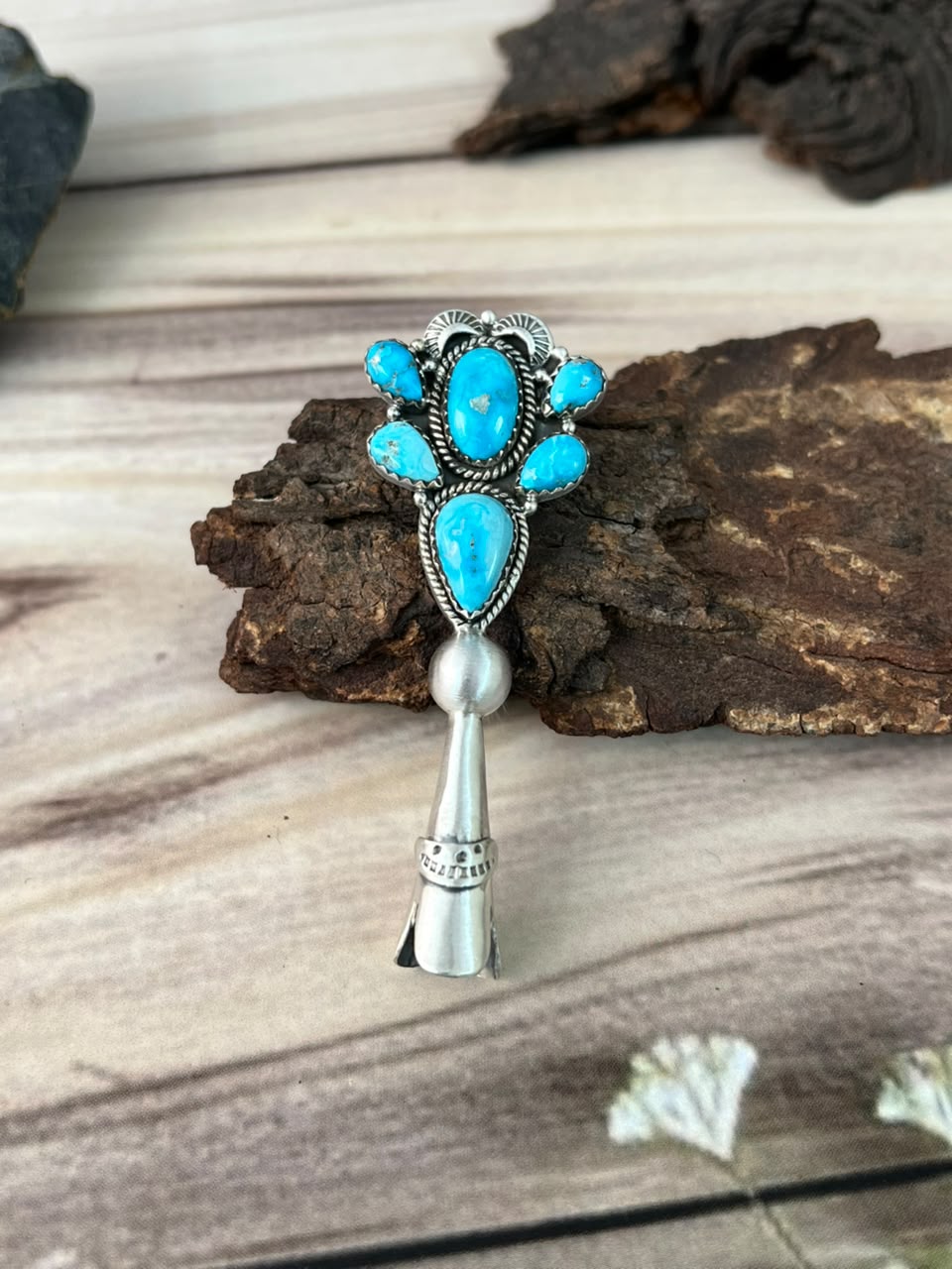 Handmade Sterling Silver Sierra Bella Turquoise Squash Blossom Pendant Signed Nizhoni (7)