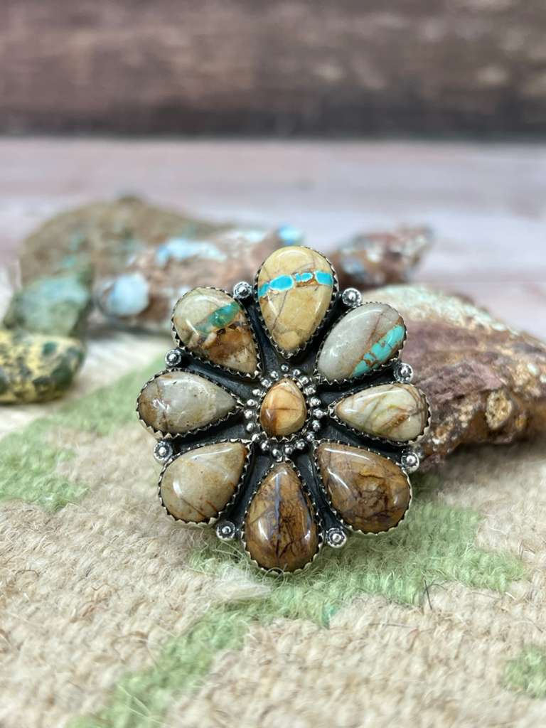 Handmade Sterling Silver Royston Ribbon Turquoise Adjustable Ring "Signed Nizhoni"