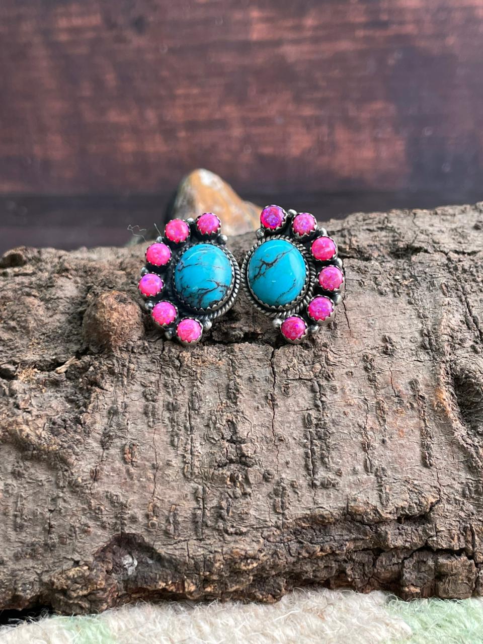 Handmade Sterling Silver Arizona Blue Turquoise with Hot Pink Post Studs Earrings "Signed Nizhoni"