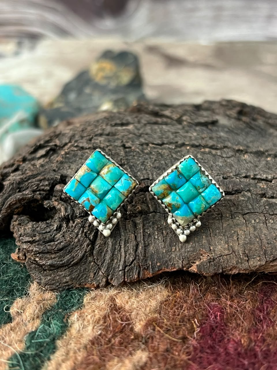 Handmade Sterling Silver Kingman Turquoise Cobble Stone Post Studs Earrings Signed Nizhoni