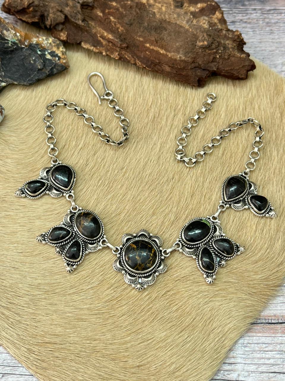 Handmade Sterling Silver Blackjack Turquoise Choker Necklace "Signed Nizhoni"