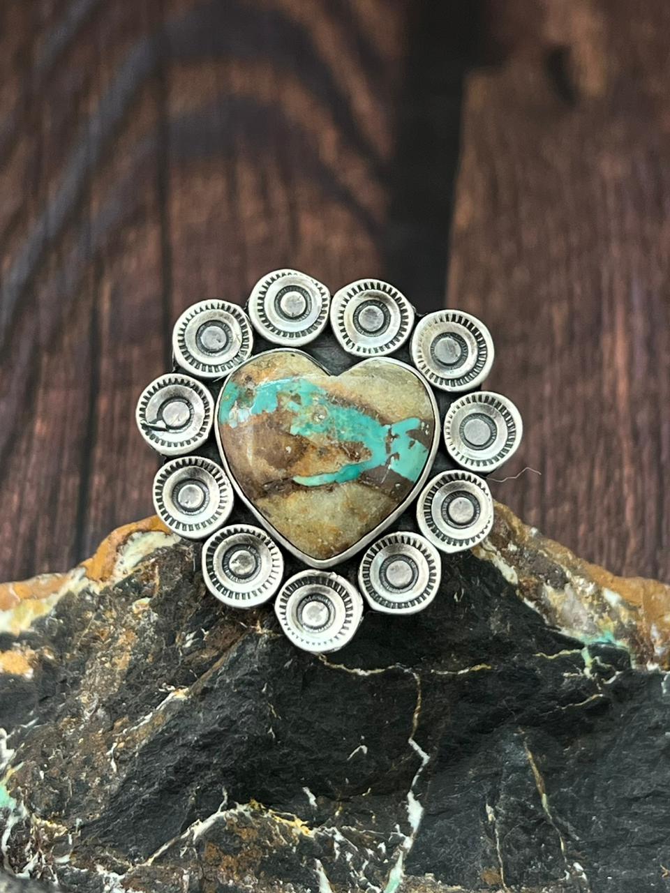 Handmade Sterling Silver Royston Ribbon Turquoise Heart Adjustable Ring "Singed Nizhoni"