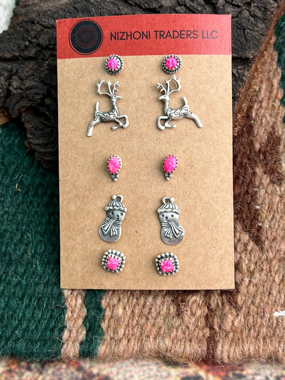 Handmade Sterling Silver Hot Pink Post Earring Set Card "Signed Nizhoni"