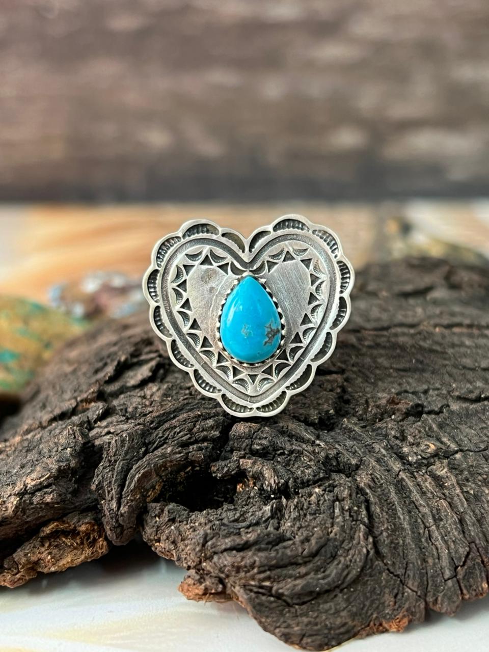 Handmade Sterling Silver Kingman Turquoise Heart Adjustable Ring "Signed Nizhoni"