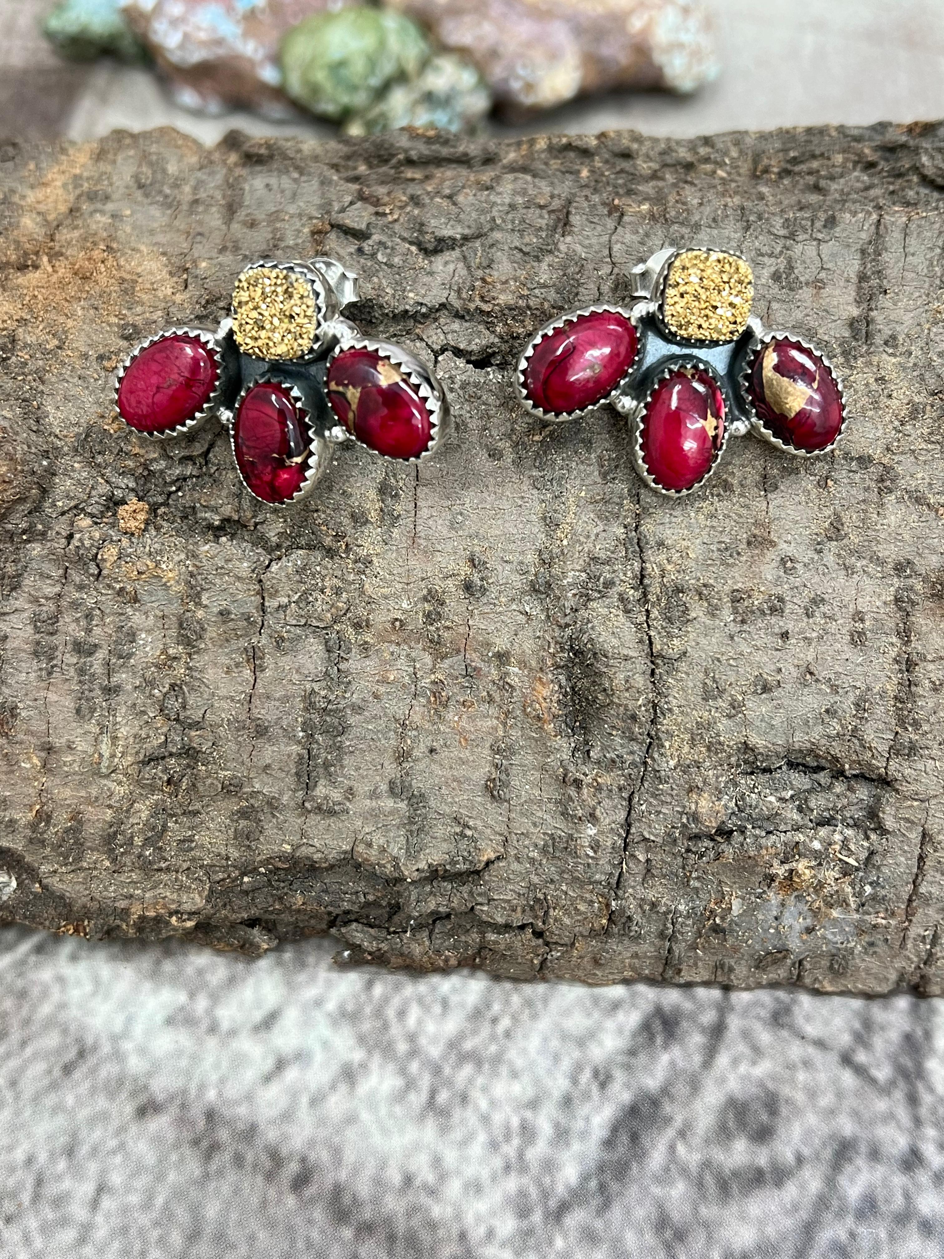 Handmade Sterling Silver Dahlia Rose with Druzy Post Earrings with Signed Nizhoni