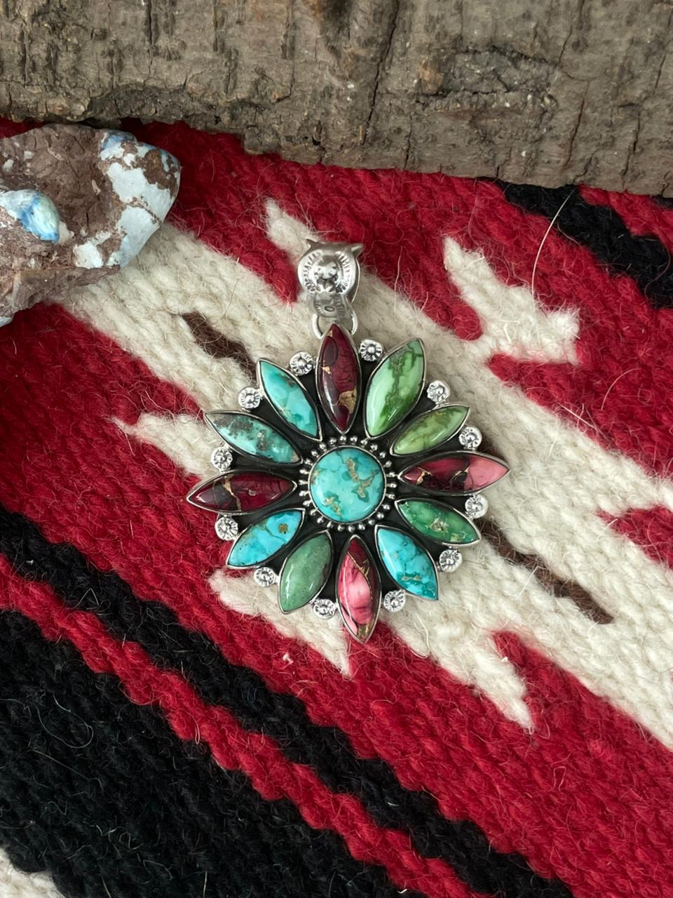 Handmade Sterling Silver Dahlia Rose with Emerald Valley Turquoise Pendant "Signed Nizhoni"