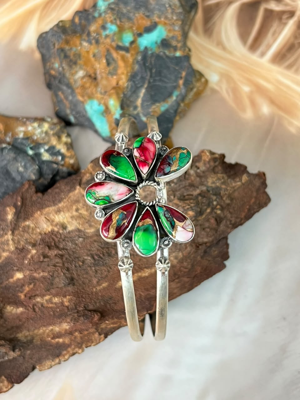 Handmade Sterling Silver Christmas Dahlia Collection: Naja Cuff Bracelet Signed Nizhoni