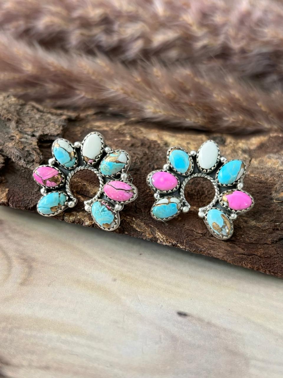 Handmade Sterling Silver Cotton Candy Post Naja Studs Earrings Signed Nizhoni