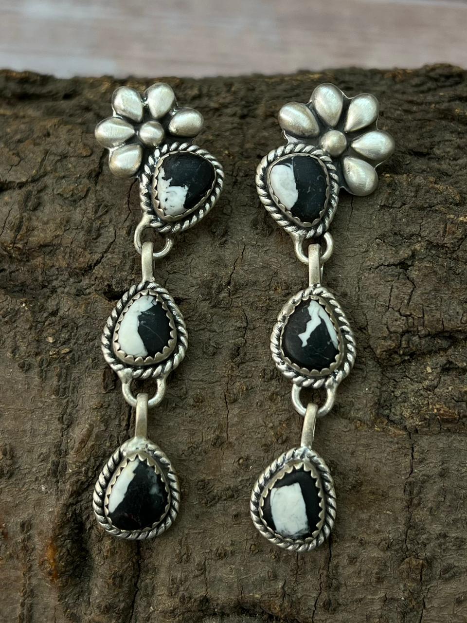 Handmade Sterling Silver White Buffalo Post Dangle Earrings "Signed Nizhoni"