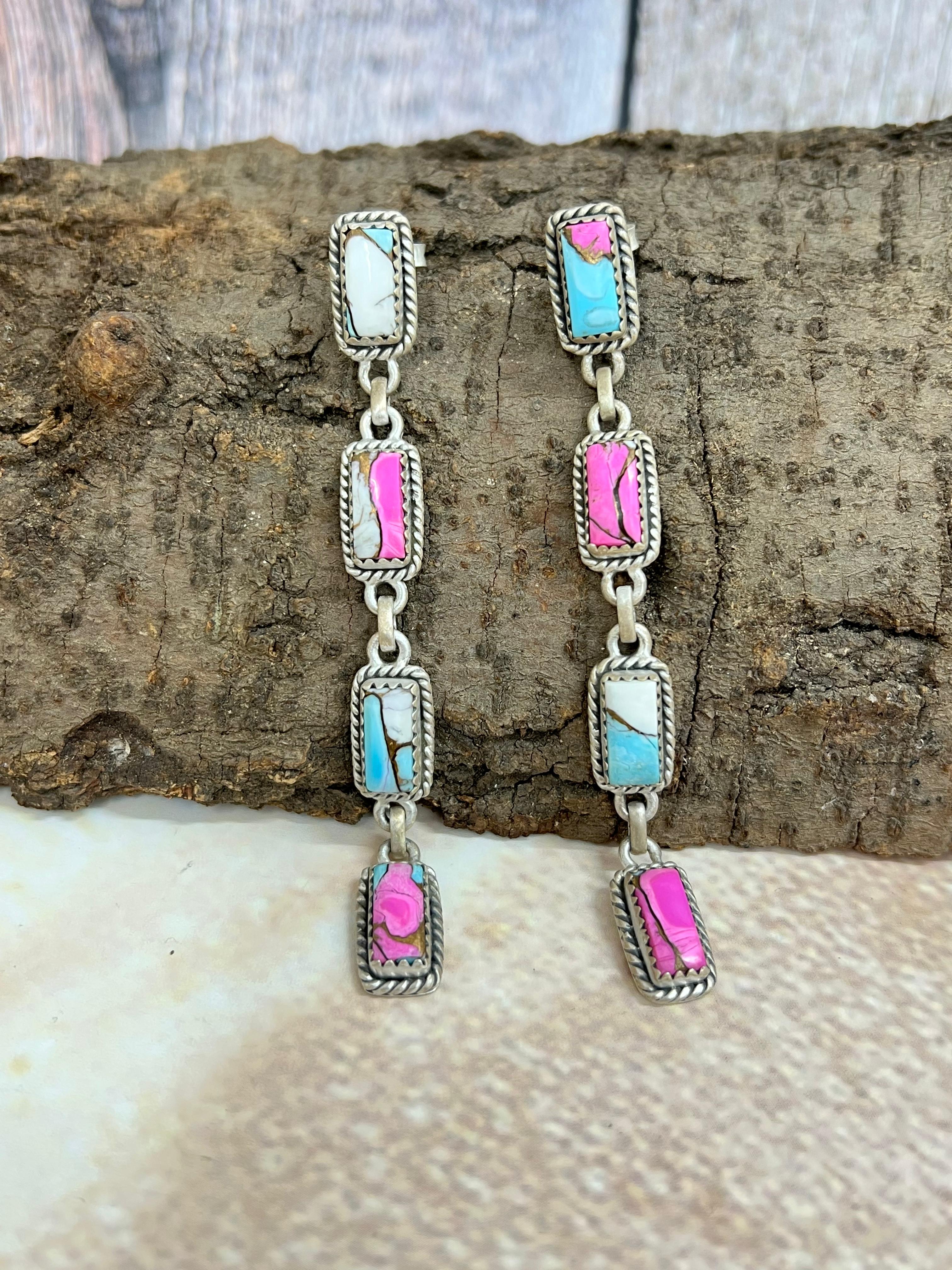 Handmade Sterling Silver Cotton Candy Turquoise Post Earrings with Signed Nizhoni