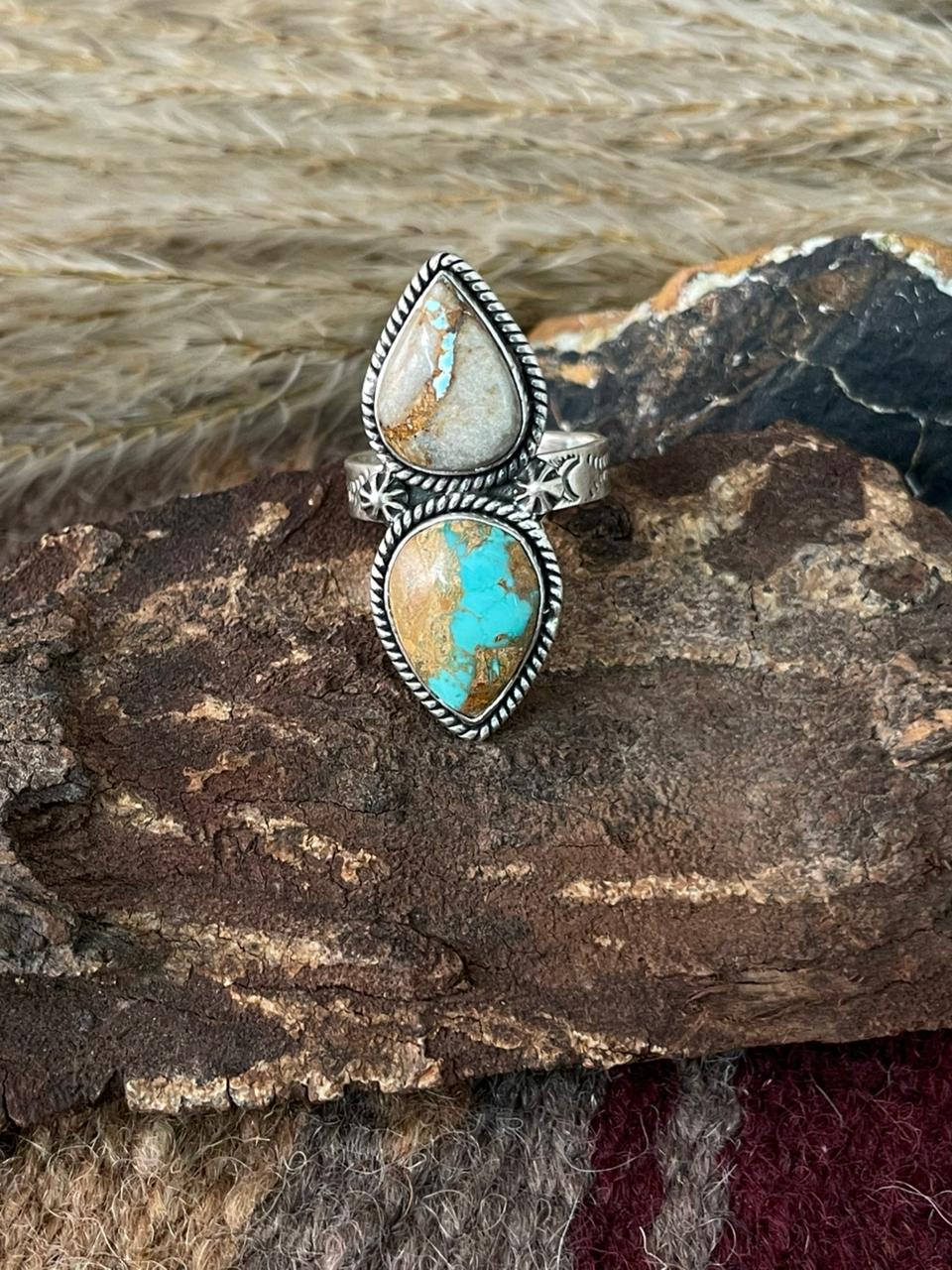Handmade Sterling Silver Royston Ribbon Turquoise Adjustable Ring "Signed Nizhoni"