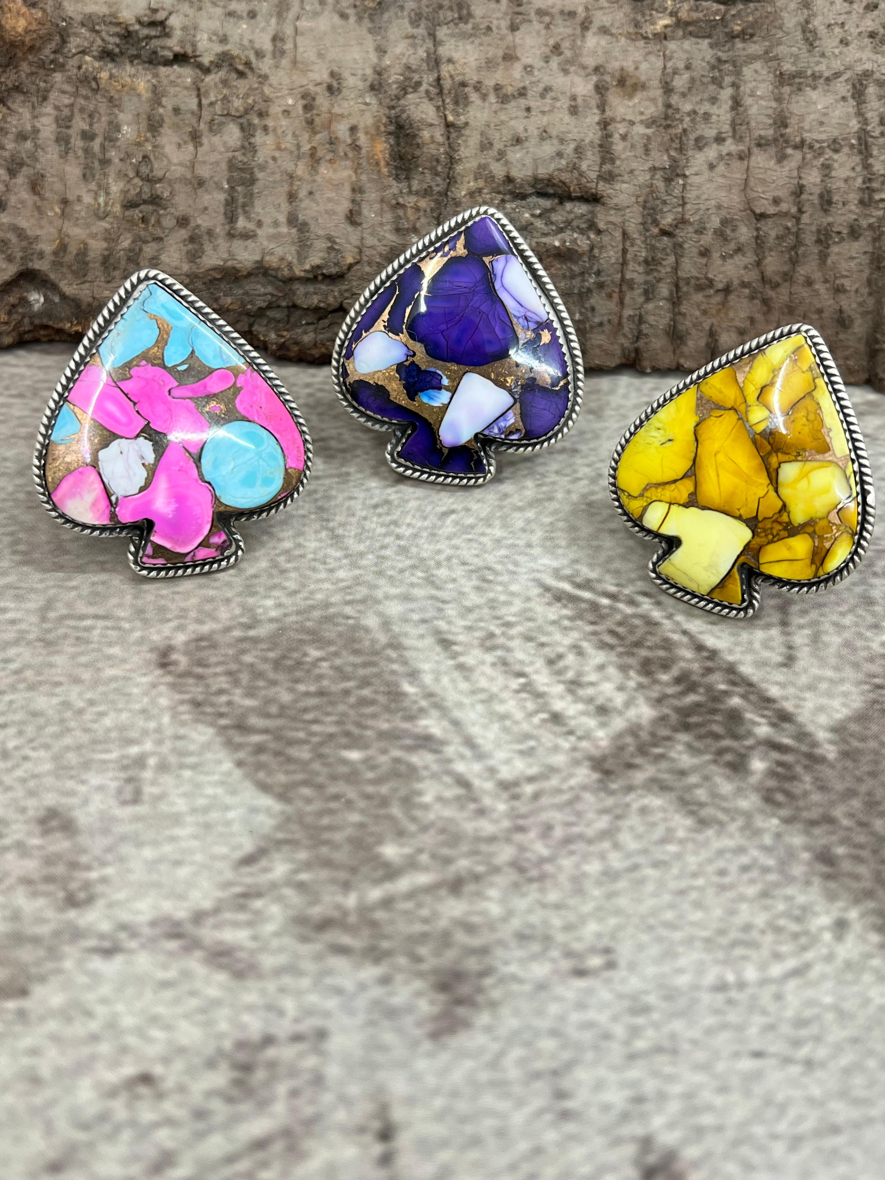 Handmade Sterling Silver Multi Stone Spade Adjustable Ring with Signed Nizhoni