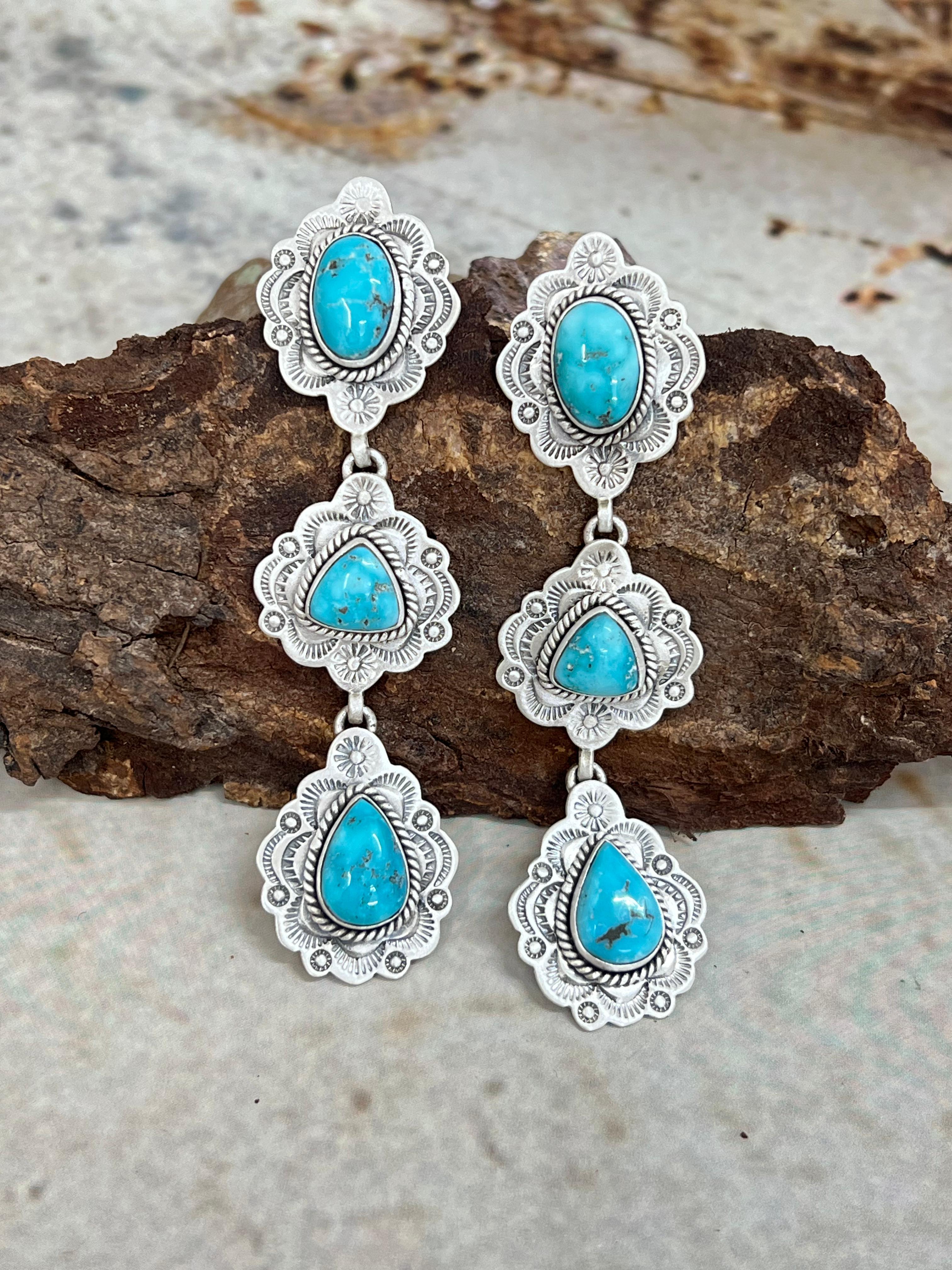 Handmade Sterling Silver White Water Turquoise Dangle Earrings with Signed Nizhoni