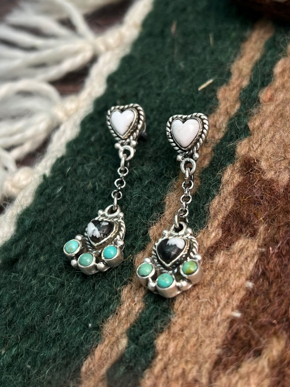 Handmade Sterling Silver Kingman Turquoise with White Buffalo Post Dangle Earrings Signed Nizhoni
