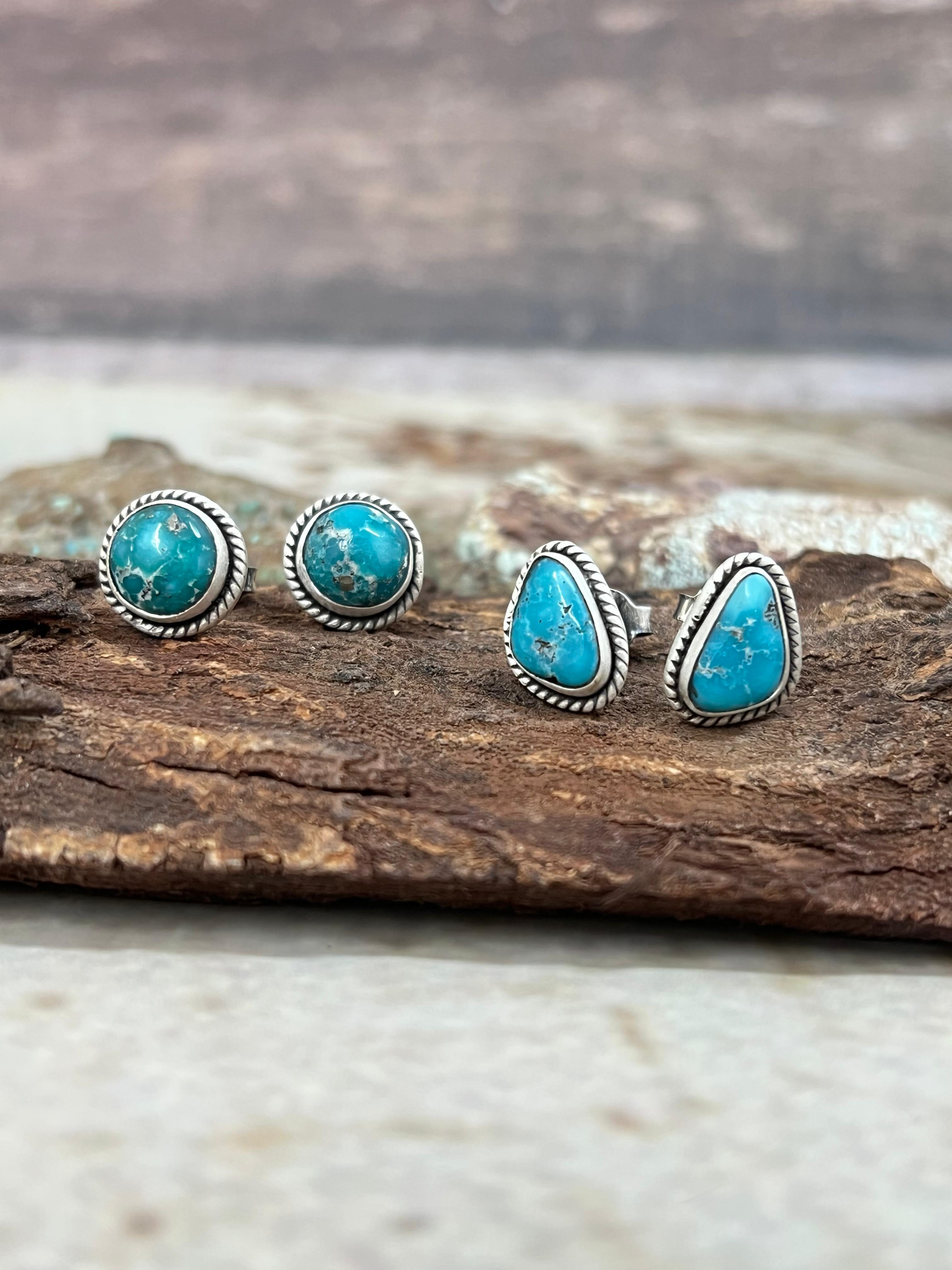 Handmade Sterling Silver White Water Turquoise Post Studs Signed Nizhoni