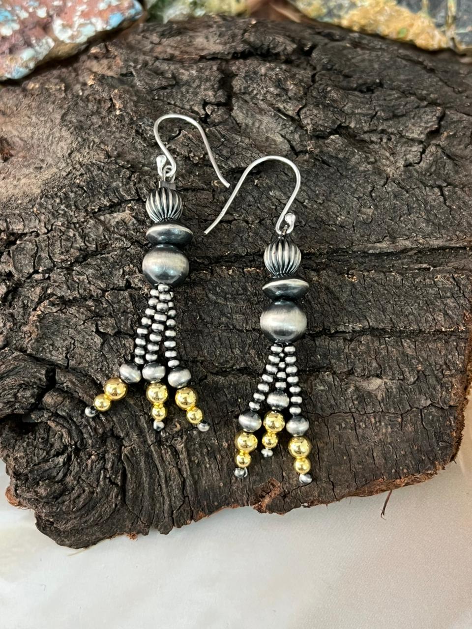 Handmade Sterling Silver and Gold Beads Hook Dangle Earrings