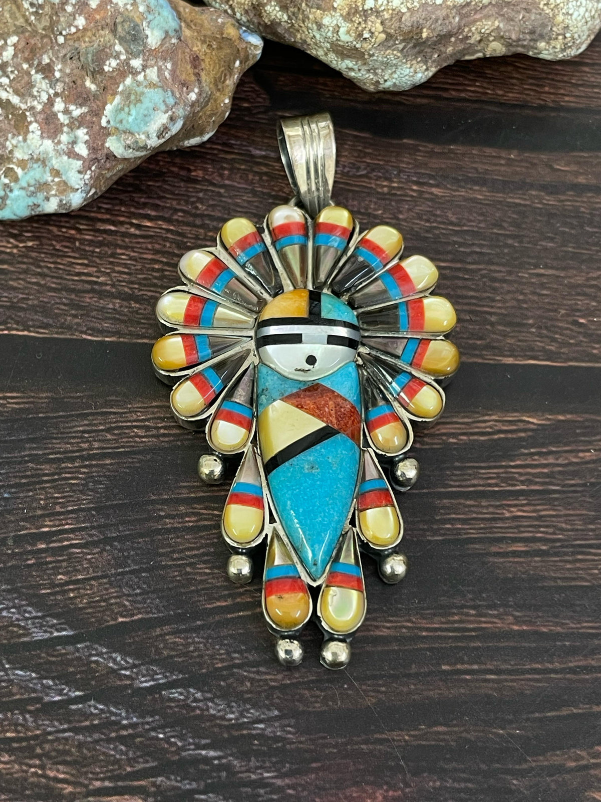 Handmade Sterling Silver Kachina Turquoise Pendant with Signed Nizhoni