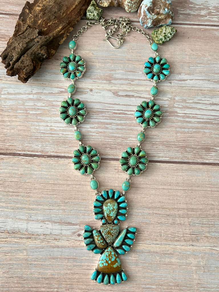 Handmade Sterling Silver Kingman Turquoise with Number 8 Turquoise Necklace with Signed Nizhoni