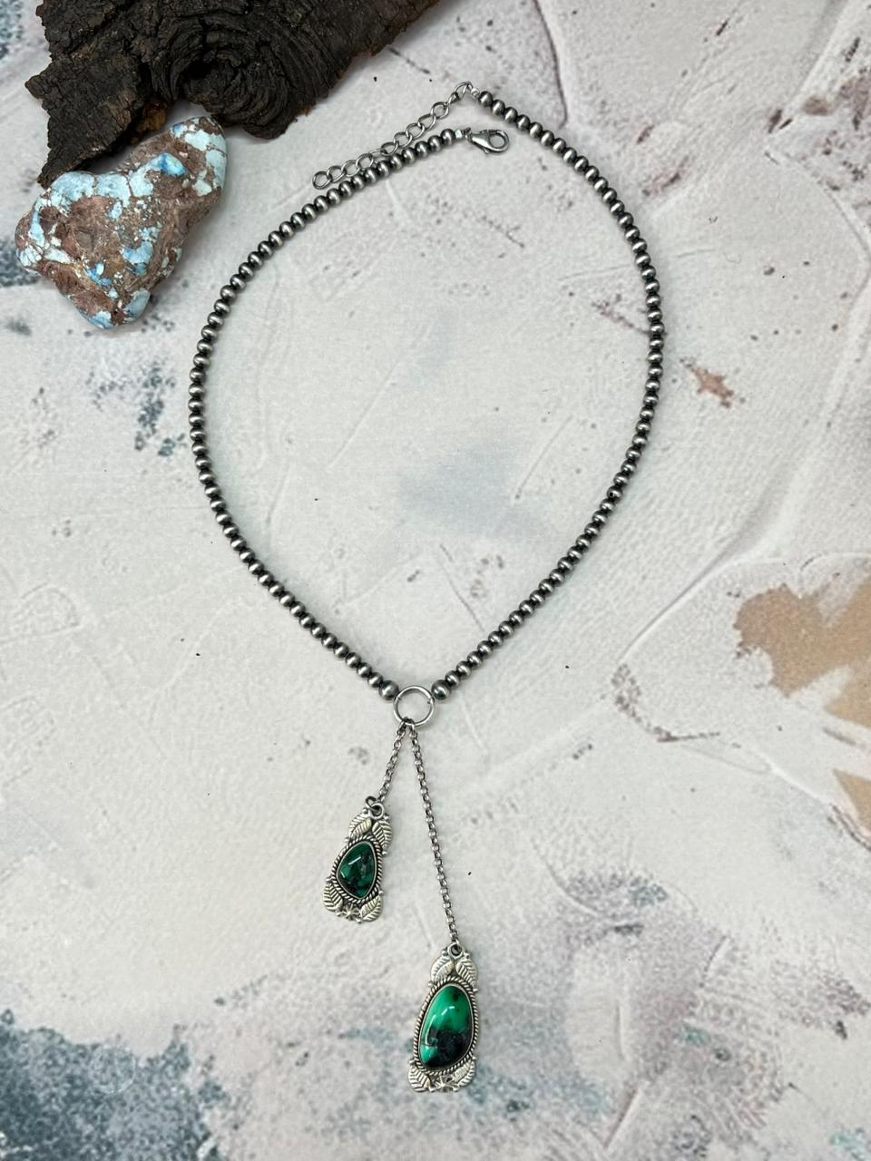 Handmade Sterling Silver Beaded Emerald Rose Necklace "Signed Nizhoni"