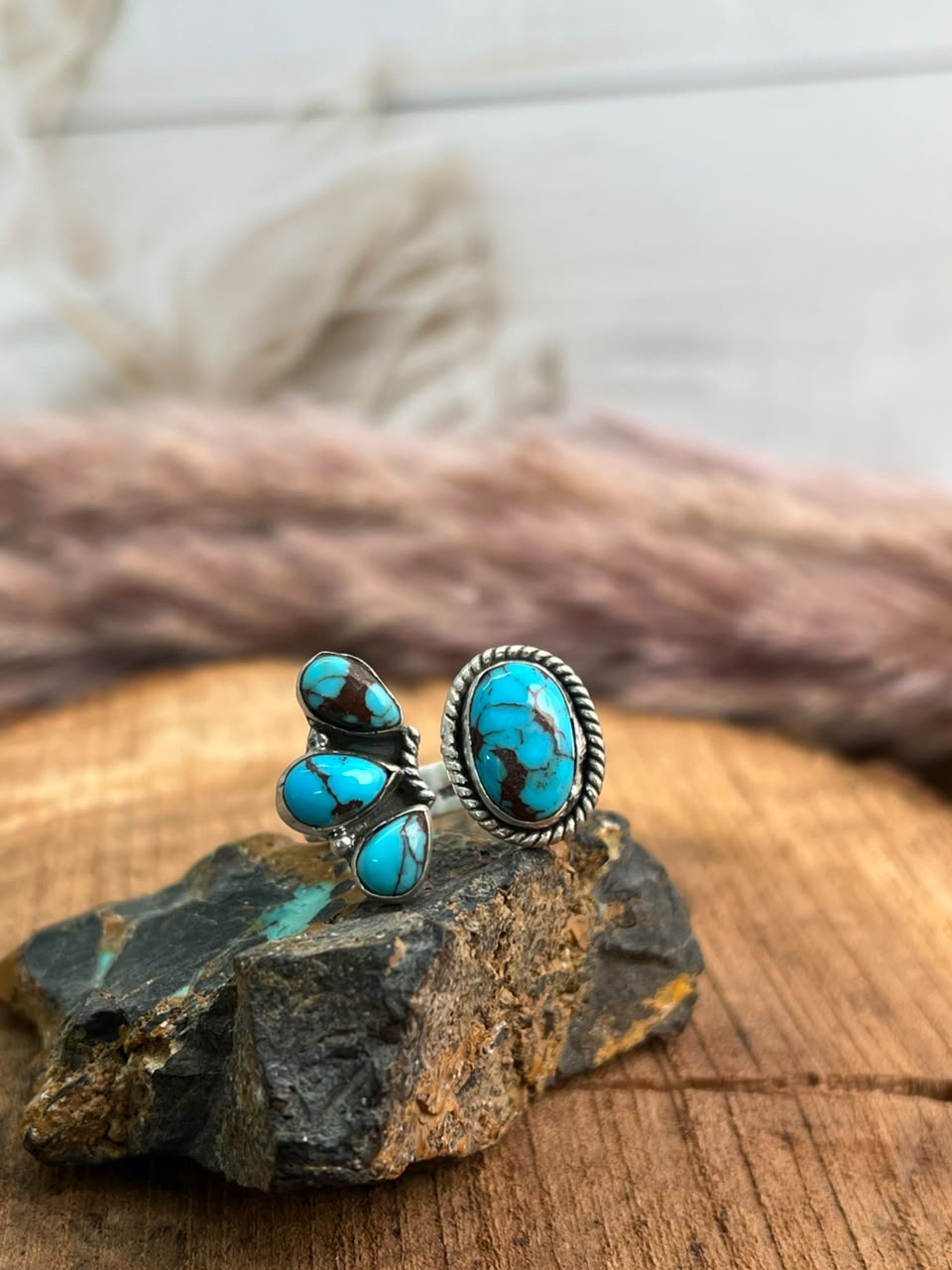 Handmade Sterling Silver Egyptian Turquoise Collection: Adjustable Ring Signed Nizhoni