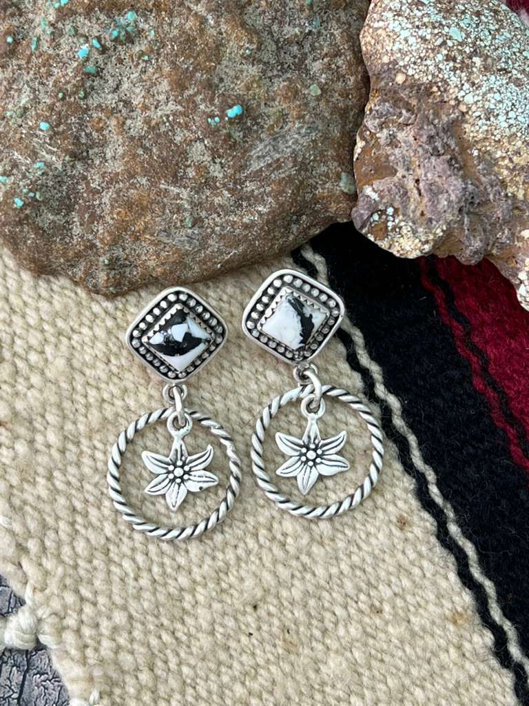 Handmade Sterling Silver White Buffalo Post Dangle Earrings "Signed Nizhoni"