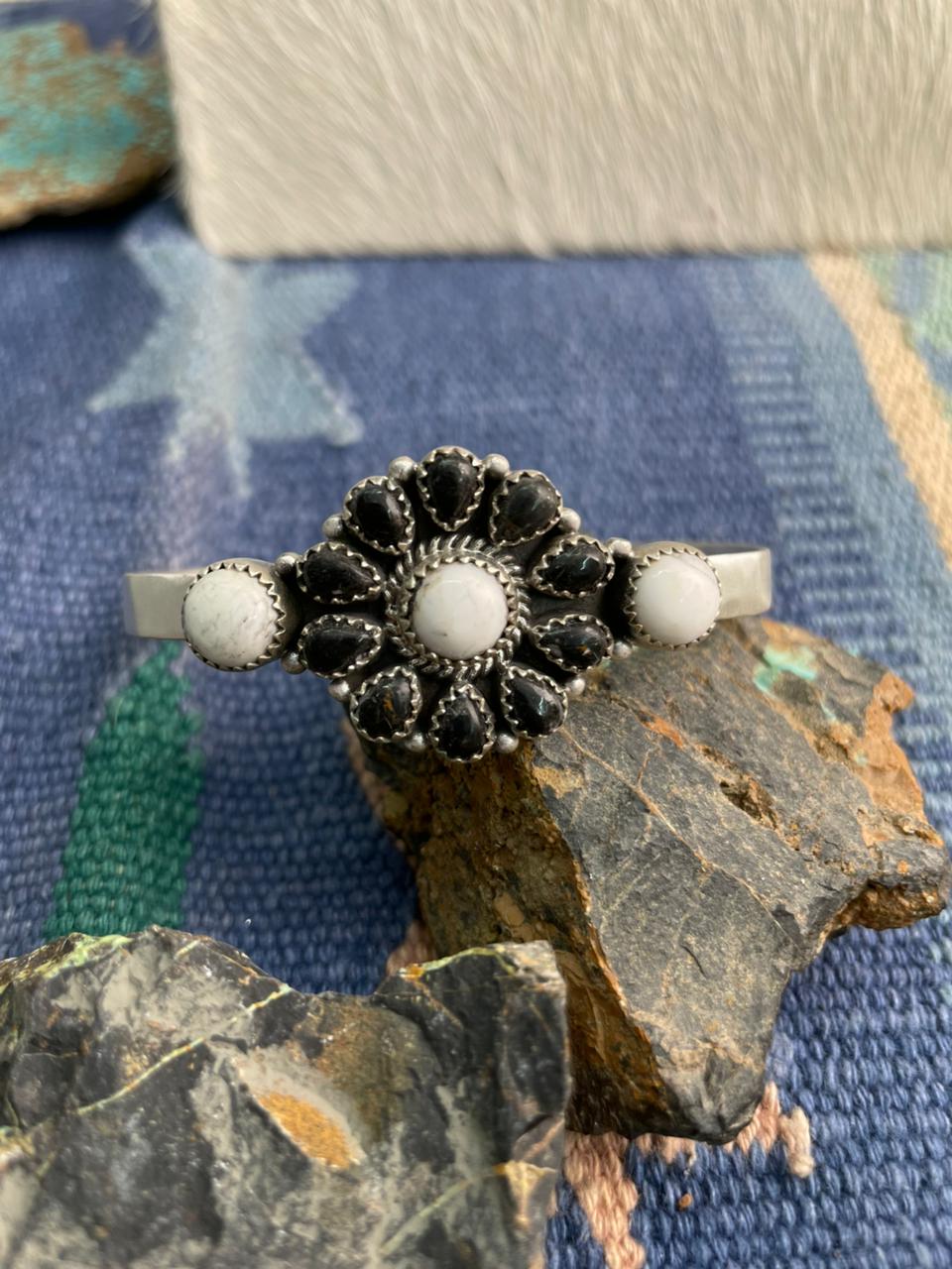 Handmade Sterling Silver White Buffalo Cuff Bracelet "Signed Nizhoni"