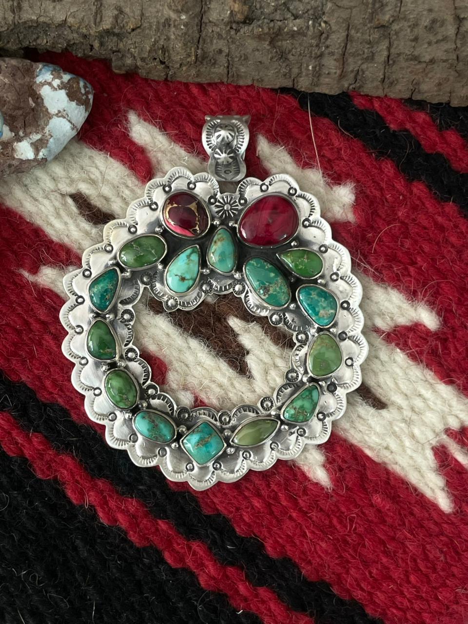 Handmade Sterling Silver Dahlia Rose with Emerald Valley Turquoise Pendant "Signed Nizhoni"
