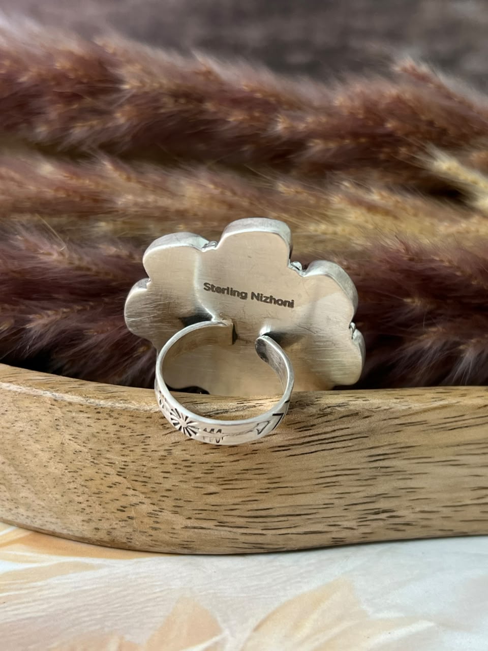 Handmade Sterling Silver Blackjack Turquoise Collection: Adjustable Ring Signed Nizhoni