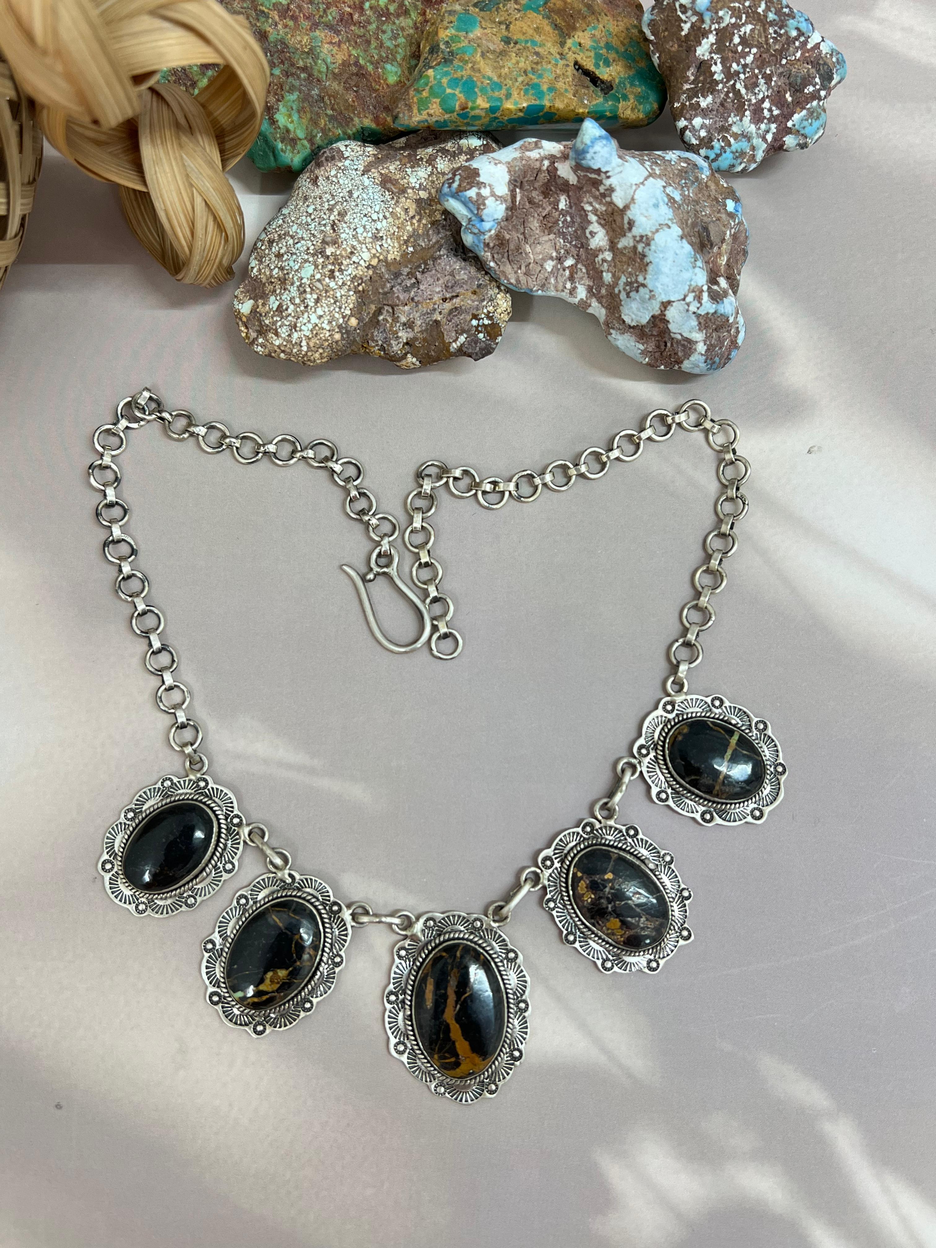 Handmade Sterling Silver Blackjack Turquoise Choker Necklace Signed Nizhoni