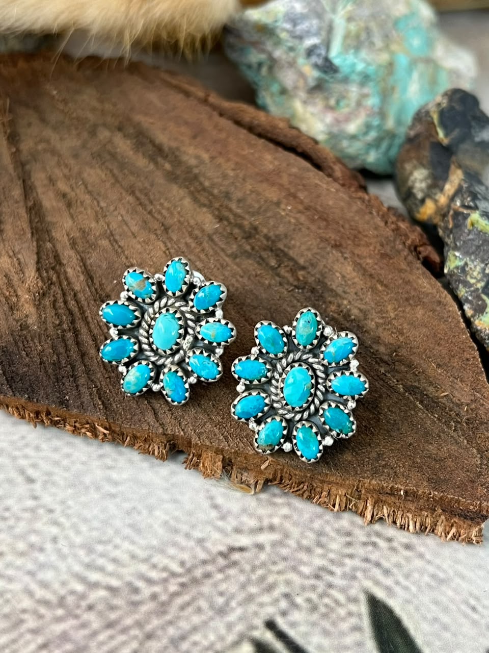 Handmade Sterling Silver Kingman Turquoise Post Studs Earrings Signed Nizhoni