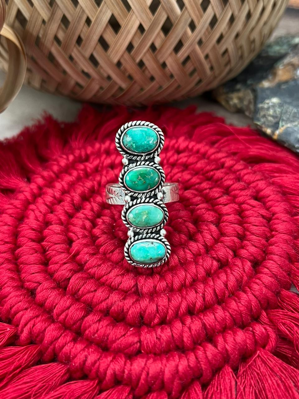 Handmade Sterling Silver Emerald Valley Turquoise Adjustable Ring "Signed Nizhoni"