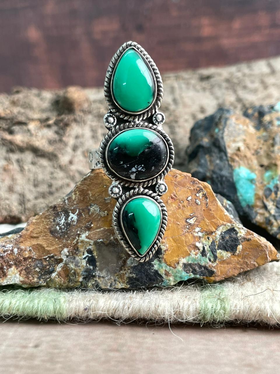 Handmade Sterling Silver Emerald Rose Adjustable Ring "Signed Nizhoni"