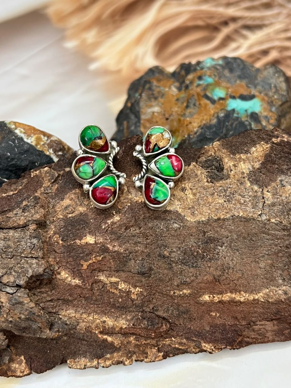 Handmade Sterling Silver Christmas Dahlia Collection: Post Studs Earrings Signed Nizhoni
