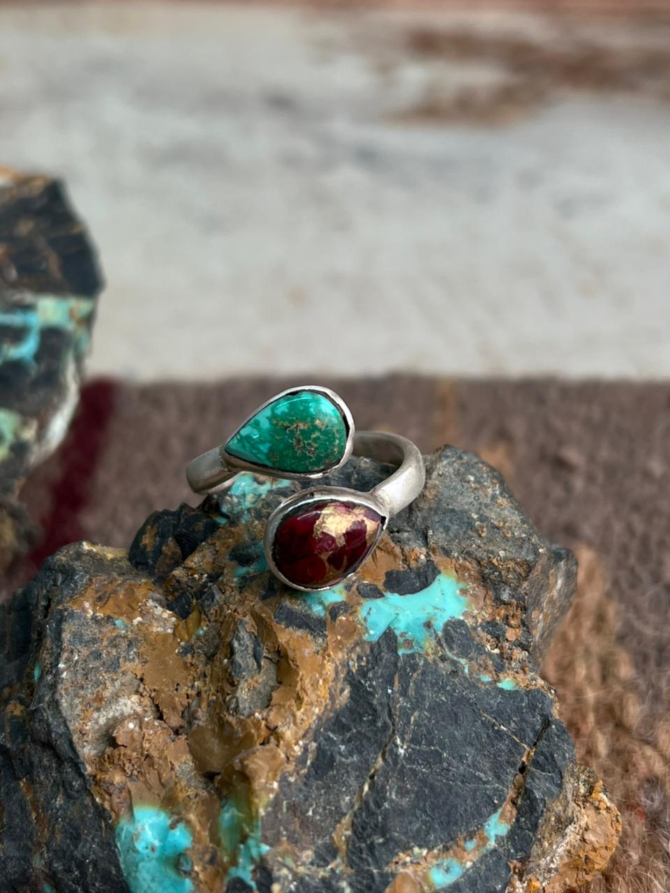 Handmade Sterling Silver Dahlia Rose With Emerald Valley Turquoise Ring "Signed Nizhoni"