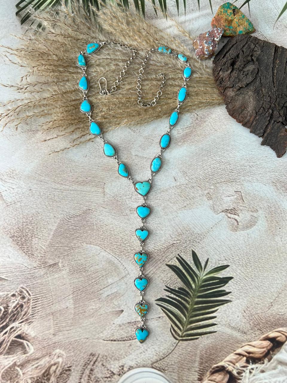 Handmade Sterling Silver Santa Maria Turquoise Heart Lariat Necklace "Signed Nizhoni"