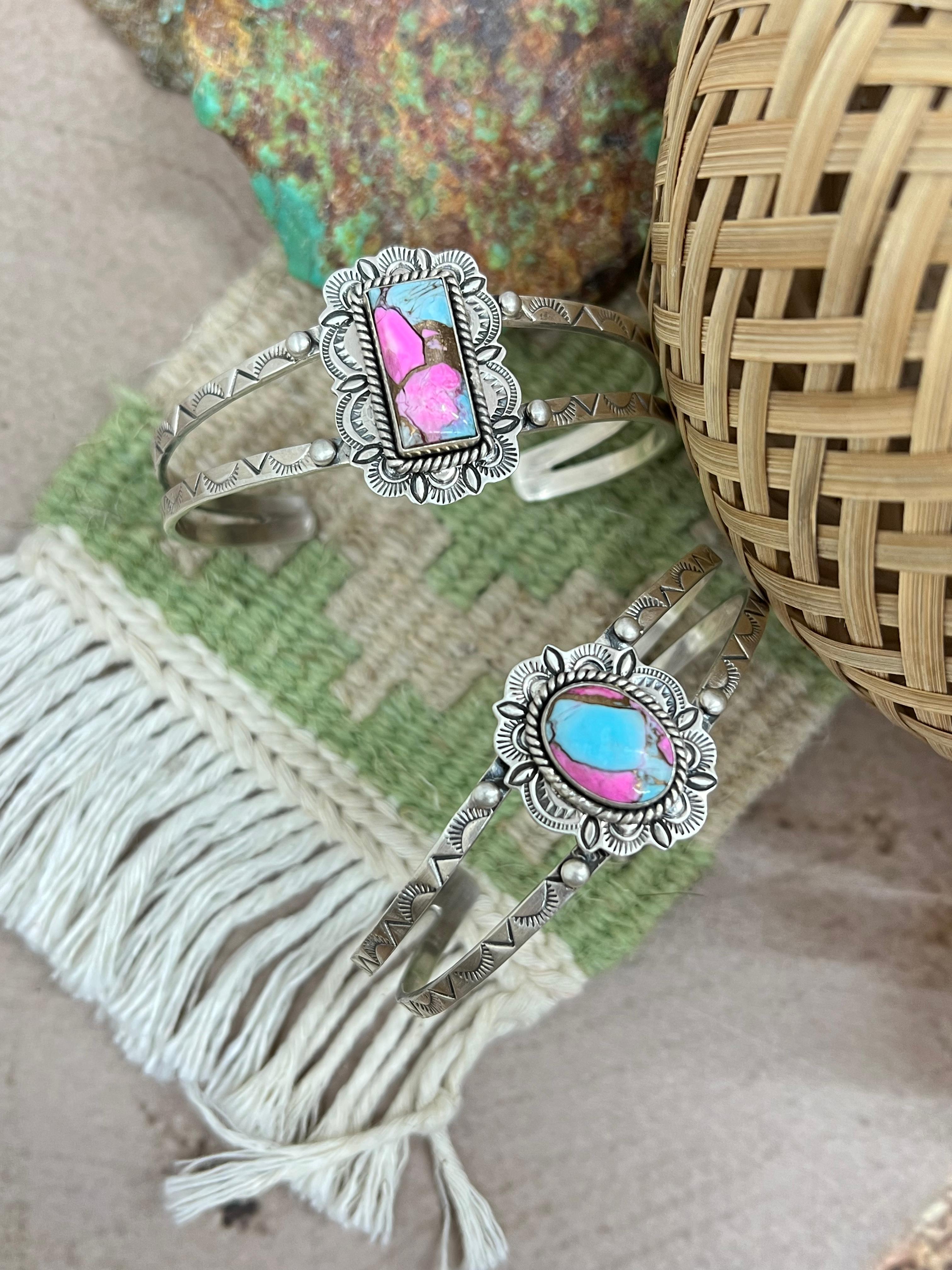 Handmade Sterling Silver Cotton Candy Turquoise Cuff Bracelet with Signed Nizhoni
