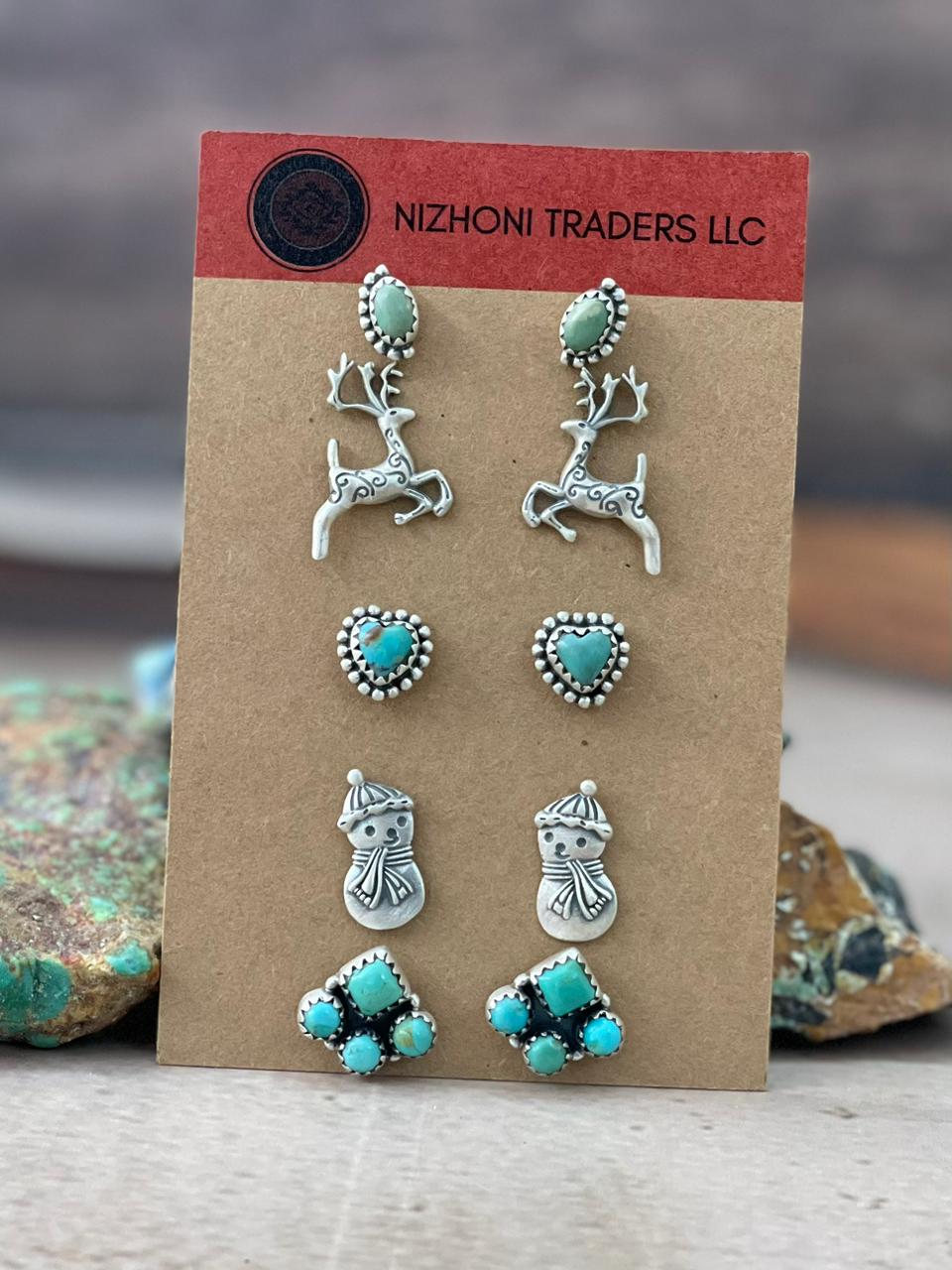 Handmade Sterling Silver Kingman Turquoise Post Studs Earrings Set