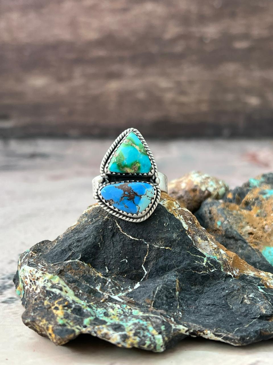 Handmade Sterling Silver Sonoran Mountain with Golden Hills Turquoise Adjustable Ring "Signed Nizhoni"