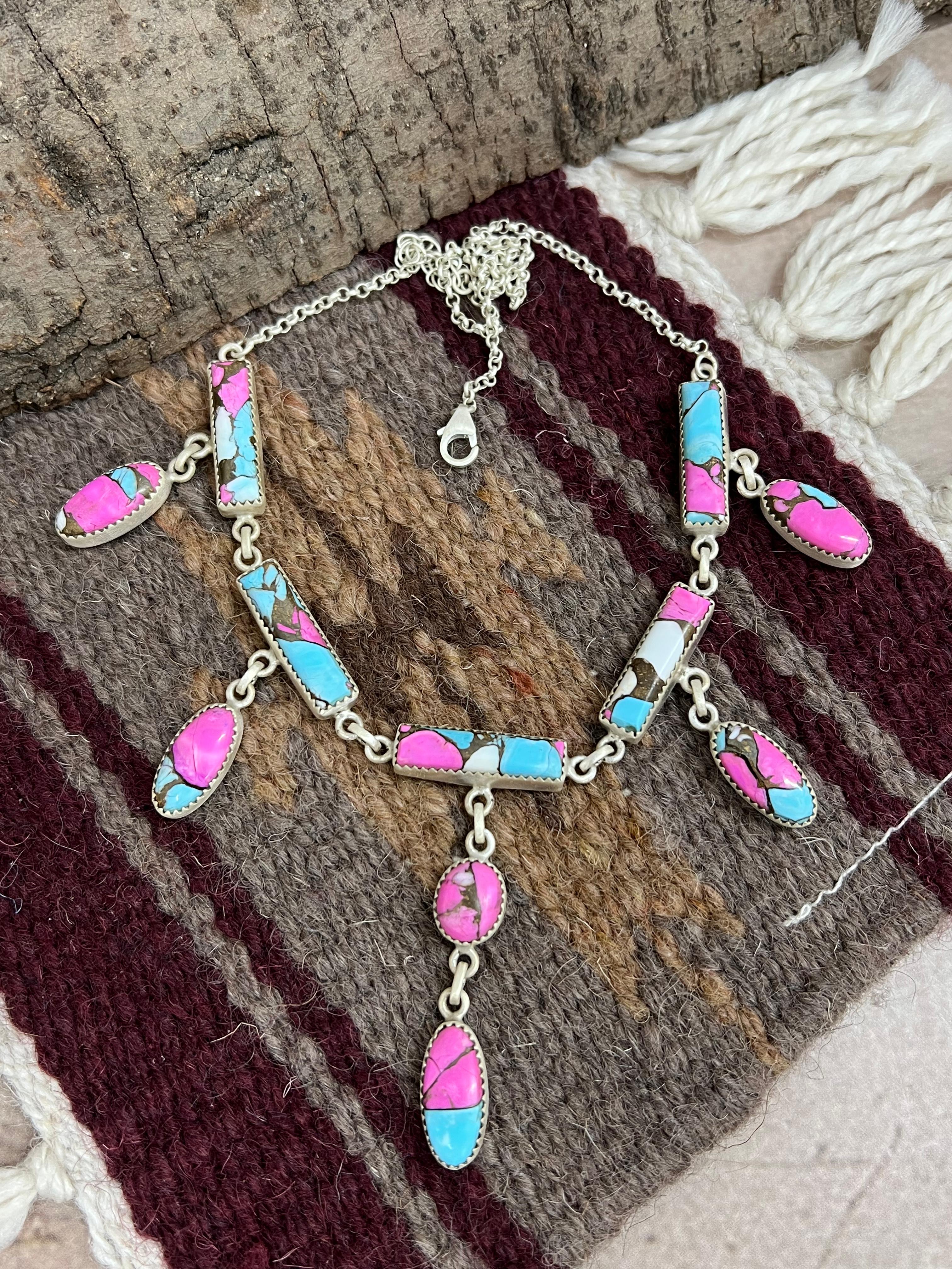 Handmade Sterling Silver Cotton Candy Turquoise Necklace with Signed Nizhoni