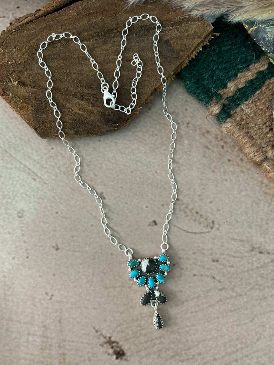 Handmade Sterling Silver Kingman Turquoise with White Buffalo Necklace Signed Nizhoni