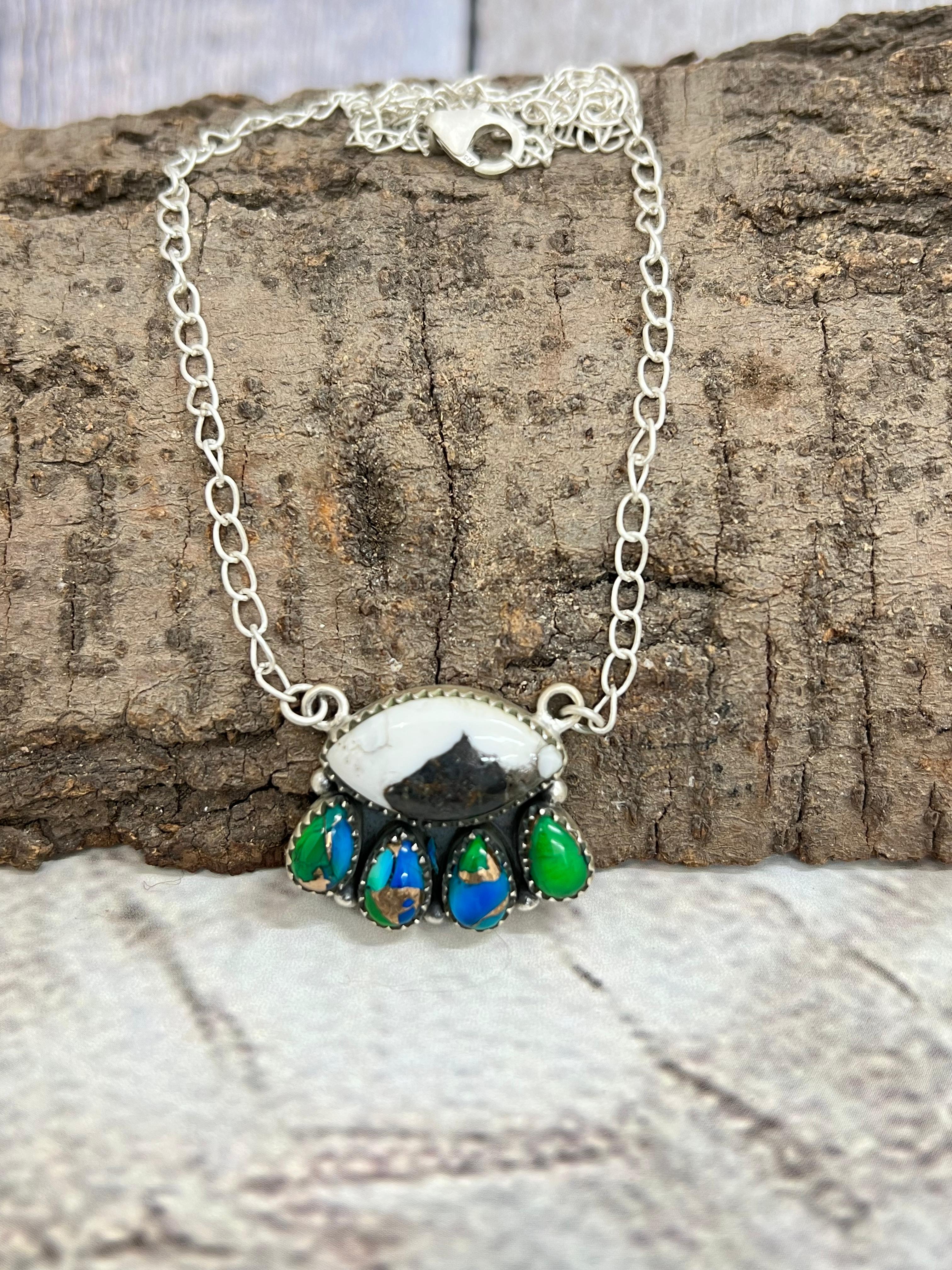 Handmade Sterling Silver White Buffalo with Peacock Dahlia Necklace with Signed Nizhoni