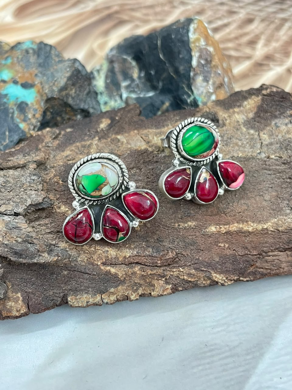 Handmade Sterling Silver Christmas Dahlia Collection: Post Studs Earrings Signed Nizhoni